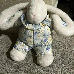 Vintage Anco Plush White Easter Bunny Blue Flowers 14 Inch